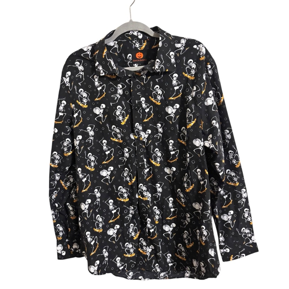 Simon Banks Skateboard Skeleton Halloween Black Button Up‎ Shirt XL